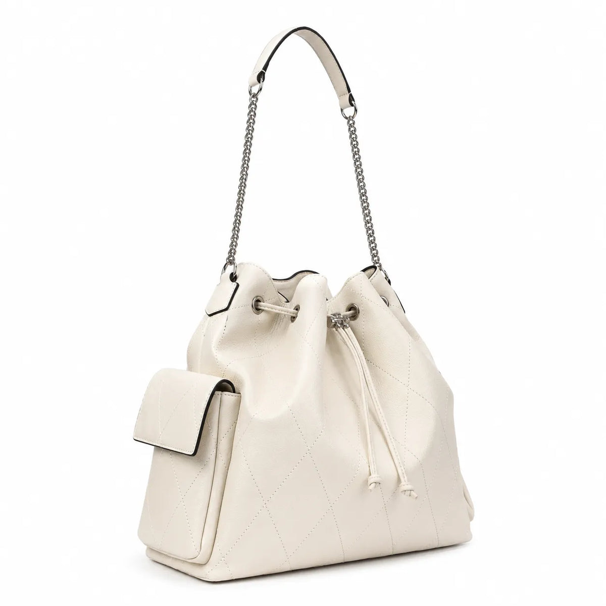 Tory Burch Charlie | Off-white pebbled leather  diamond stitching silver chain shoulder strap multiple carrying options women's designer handbag