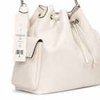 Tory Burch Charlie | Off-white pebbled leather  diamond stitching silver chain shoulder strap multiple carrying options women's designer handbag