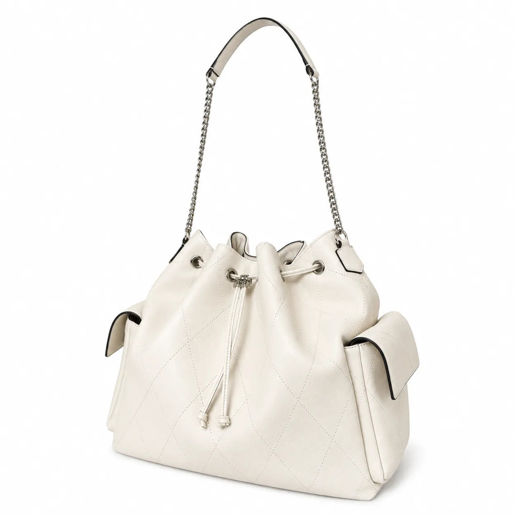 Tory Burch Charlie | Off-white pebbled leather  diamond stitching silver chain shoulder strap multiple carrying options women's designer handbag