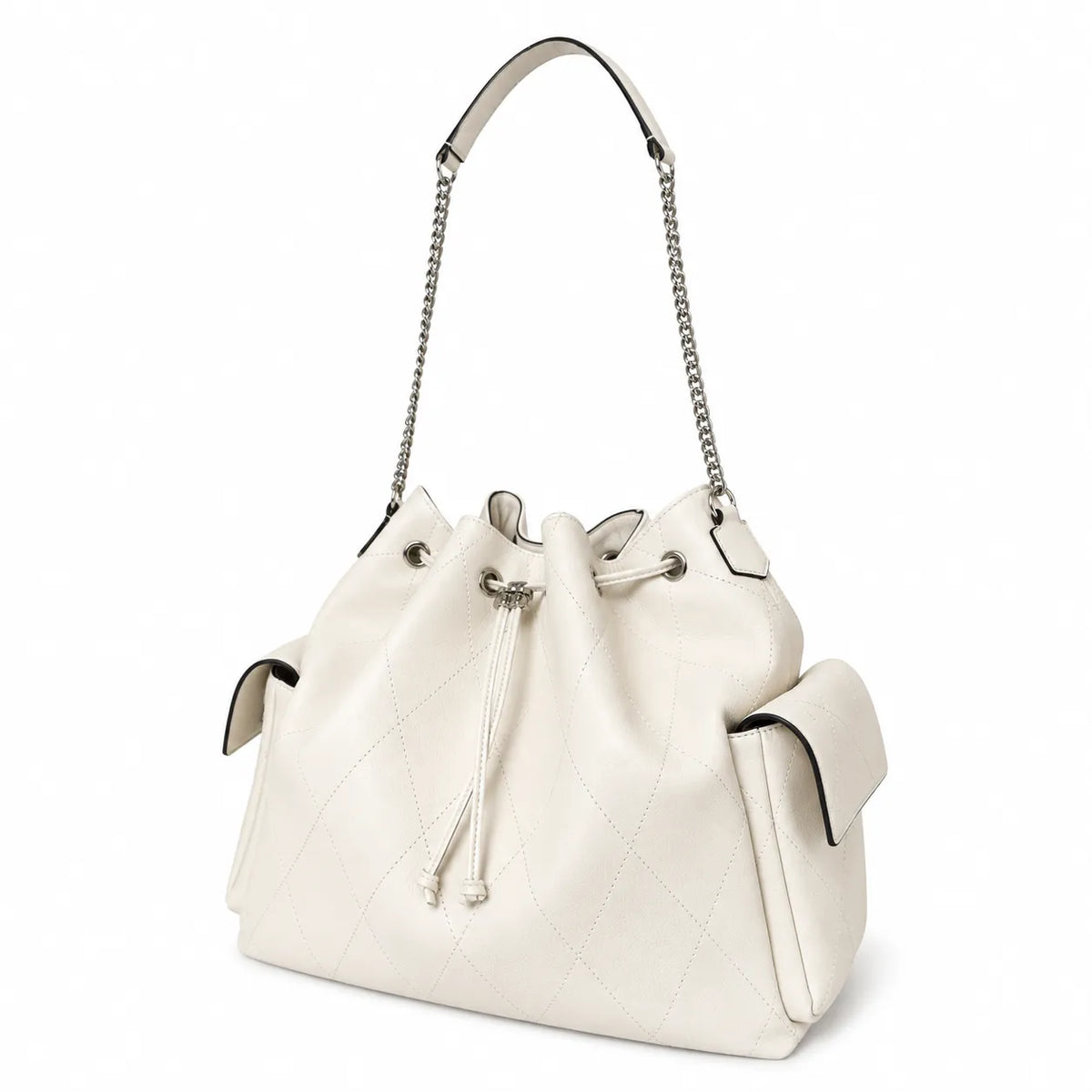 Tory Burch Charlie | Off-white pebbled leather  diamond stitching silver chain shoulder strap multiple carrying options women's designer handbag