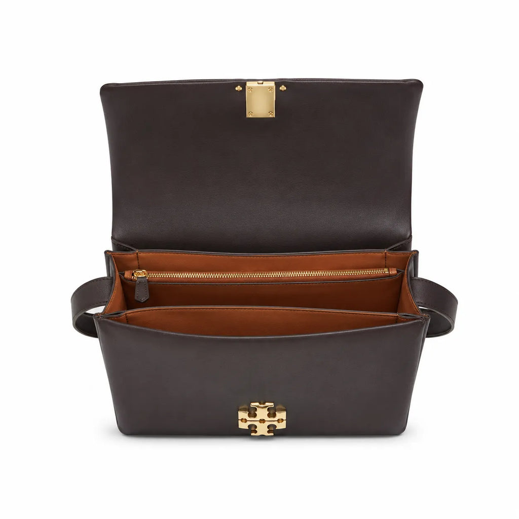 Tory Burch Eleanor | Caramel brown Nappa leather  adjustable shoulder strap  multiple carrying options  women's designer handbag