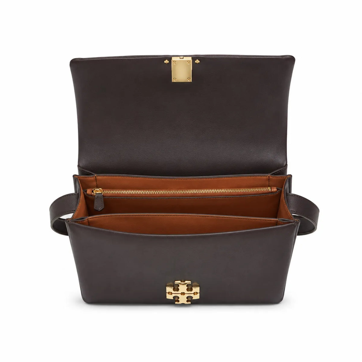 Tory Burch Eleanor | Caramel brown Nappa leather  adjustable shoulder strap  multiple carrying options  women's designer handbag
