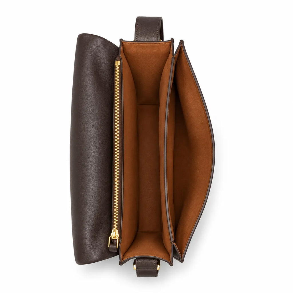 Tory Burch Eleanor | Caramel brown Nappa leather  adjustable shoulder strap  multiple carrying options  women's designer handbag