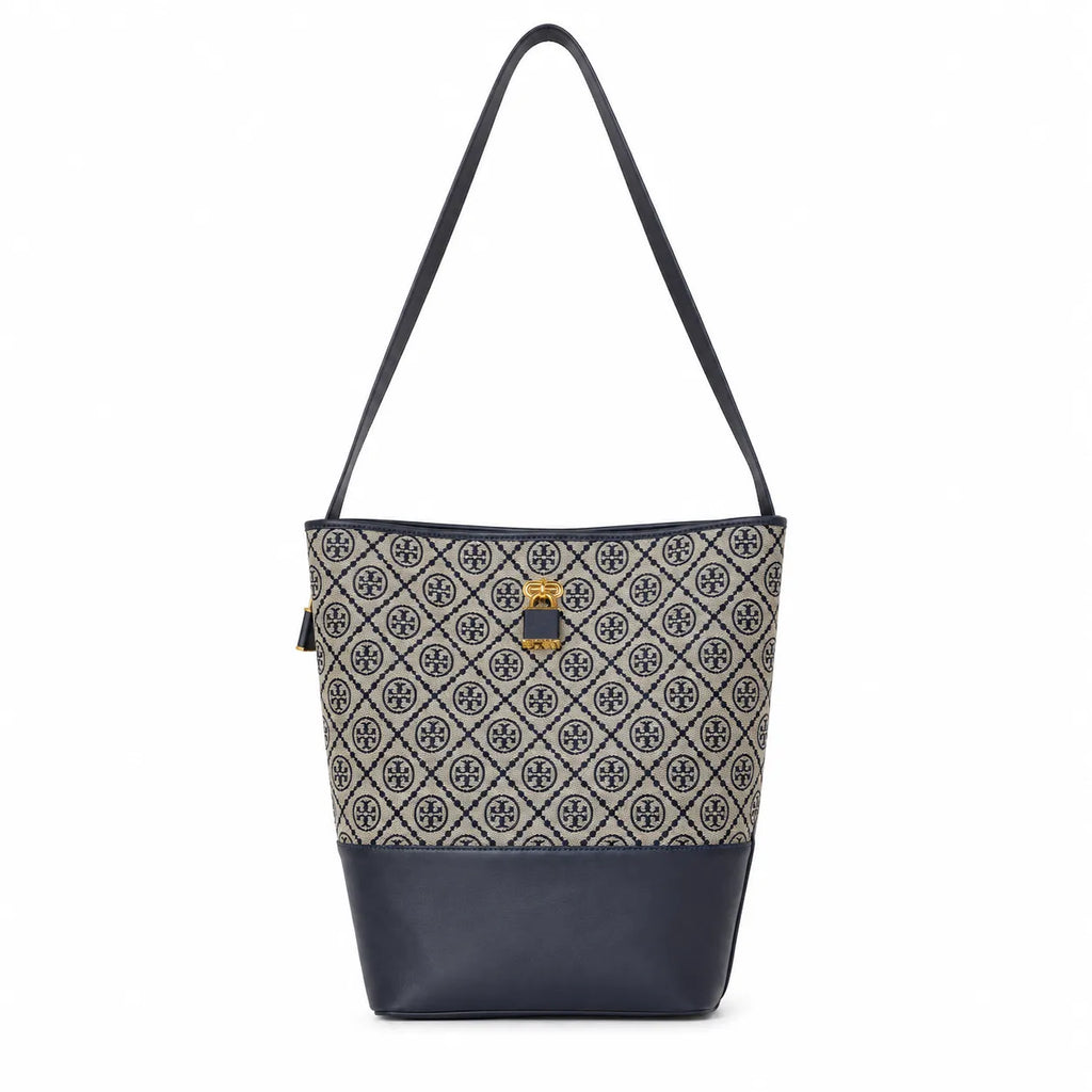 Tory Burch T-Monogram Lock | Navy blue and beige Monogram print fabric leather trim adjustable shoulder strap women's designer handbag