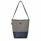 Tory Burch T-Monogram Lock | Navy blue and beige Monogram print fabric leather trim adjustable shoulder strap women's designer handbag
