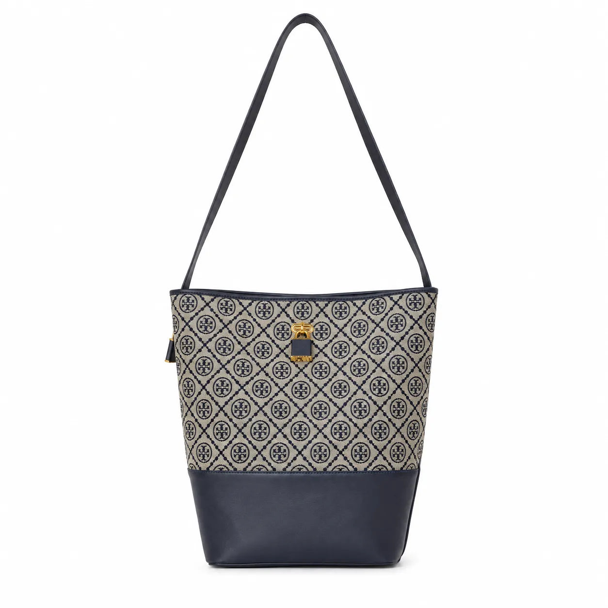 Tory Burch T-Monogram Lock | Navy blue and beige Monogram print fabric leather trim adjustable shoulder strap women's designer handbag