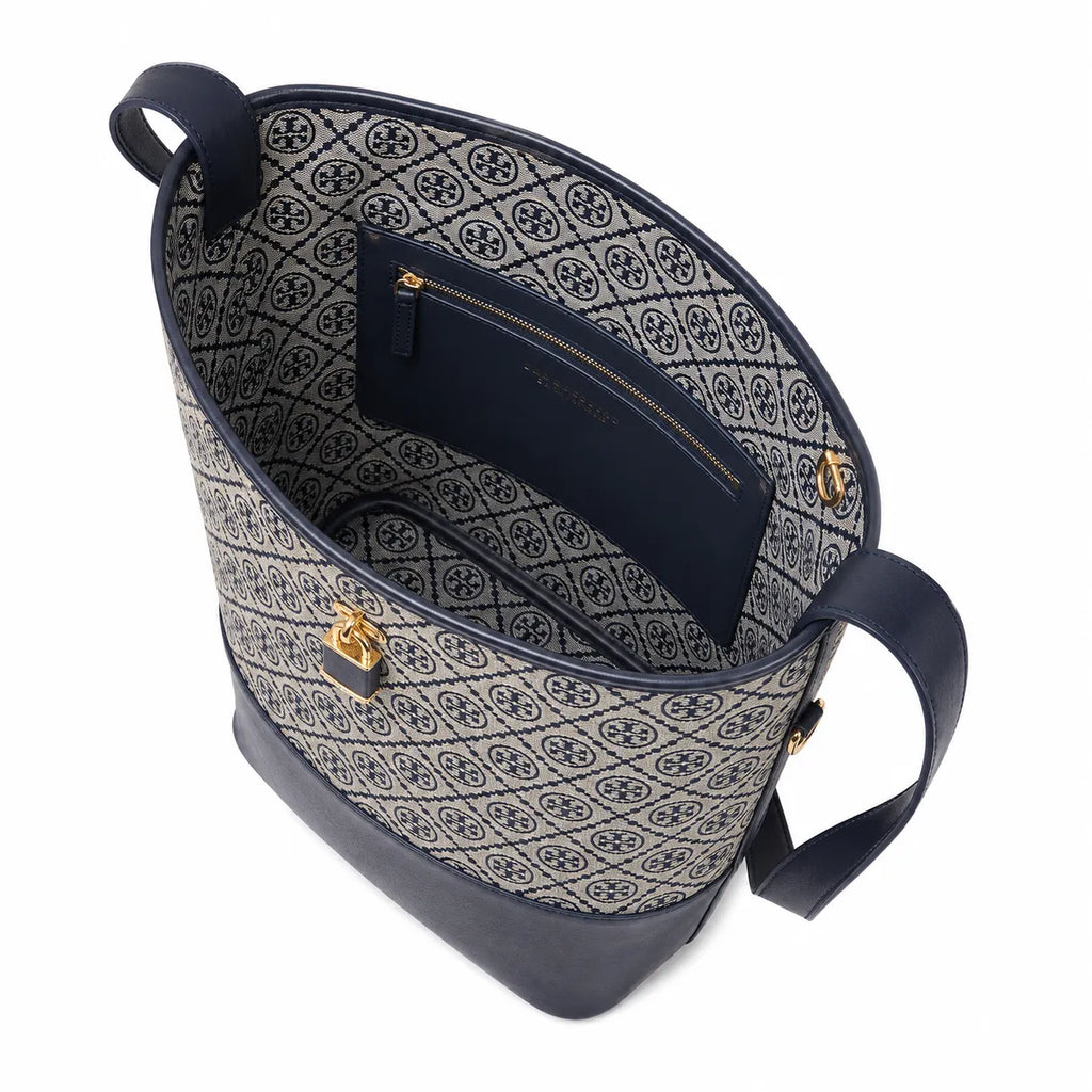 Tory Burch T-Monogram Lock | Navy blue and beige Monogram print fabric leather trim adjustable shoulder strap women's designer handbag