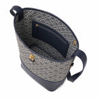 Tory Burch T-Monogram Lock | Navy blue and beige Monogram print fabric leather trim adjustable shoulder strap women's designer handbag