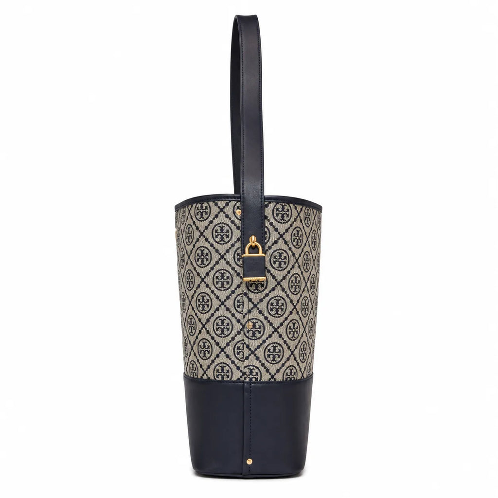 Tory Burch T-Monogram Lock | Navy blue and beige Monogram print fabric leather trim adjustable shoulder strap women's designer handbag