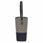 Tory Burch T-Monogram Lock | Navy blue and beige Monogram print fabric leather trim adjustable shoulder strap women's designer handbag