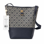 Tory Burch T-Monogram Lock | Navy blue and beige Monogram print fabric leather trim adjustable shoulder strap women's designer handbag