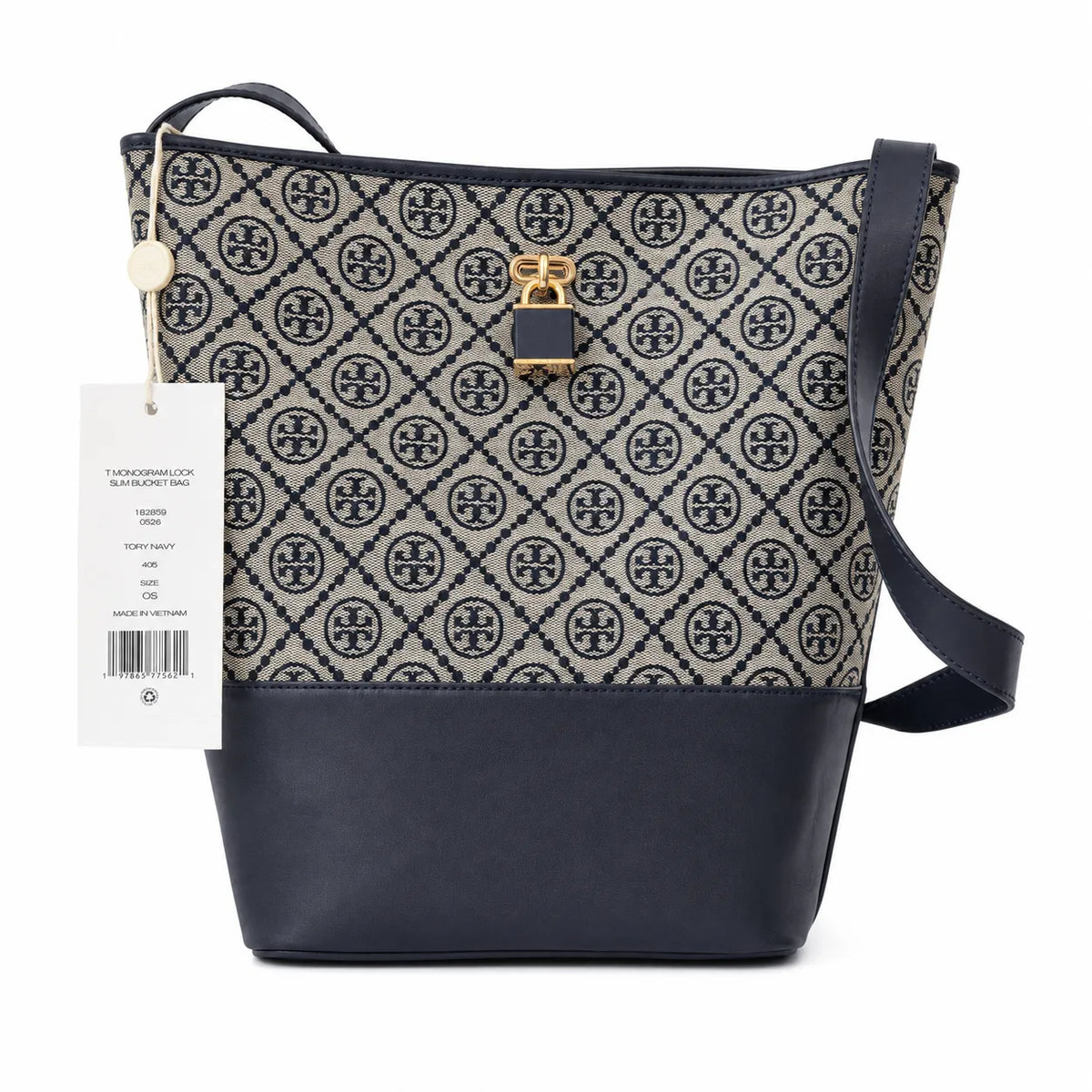 Tory Burch T-Monogram Lock | Navy blue and beige Monogram print fabric leather trim adjustable shoulder strap women's designer handbag