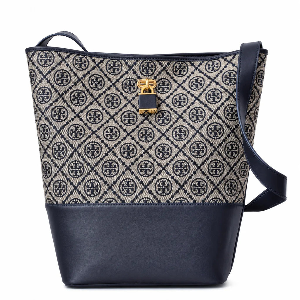 Tory Burch T-Monogram Lock | Navy blue and beige Monogram print fabric leather trim adjustable shoulder strap women's designer handbag