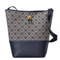 Tory Burch T-Monogram Lock | Navy blue and beige Monogram print fabric leather trim adjustable shoulder strap women's designer handbag