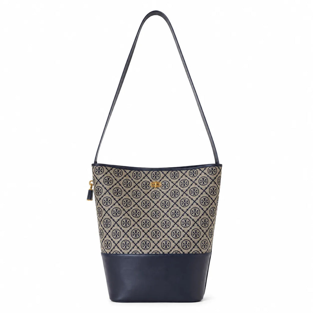 Tory Burch T-Monogram Lock | Navy blue and beige Monogram print fabric leather trim adjustable shoulder strap women's designer handbag