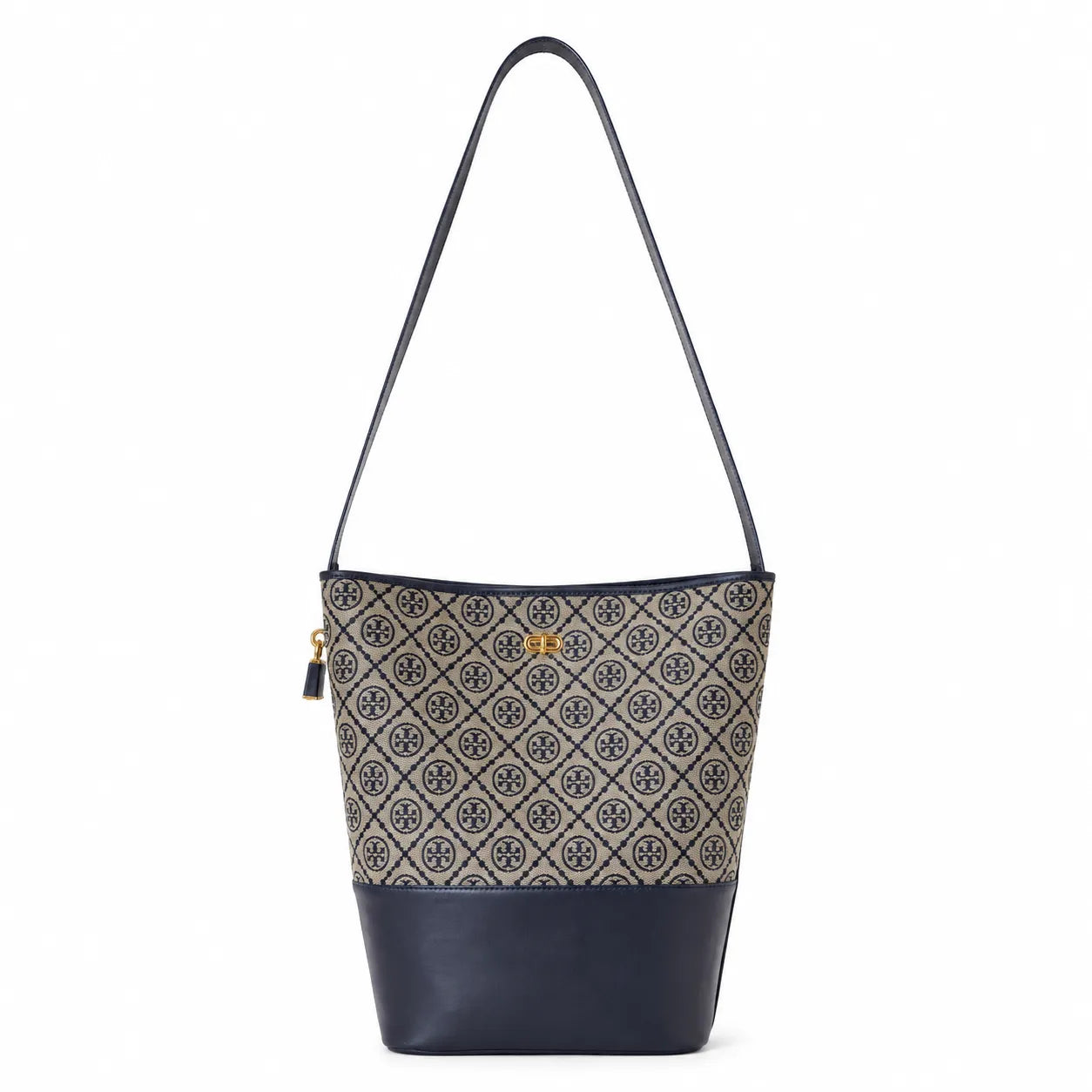 Tory Burch T-Monogram Lock | Navy blue and beige Monogram print fabric leather trim adjustable shoulder strap women's designer handbag