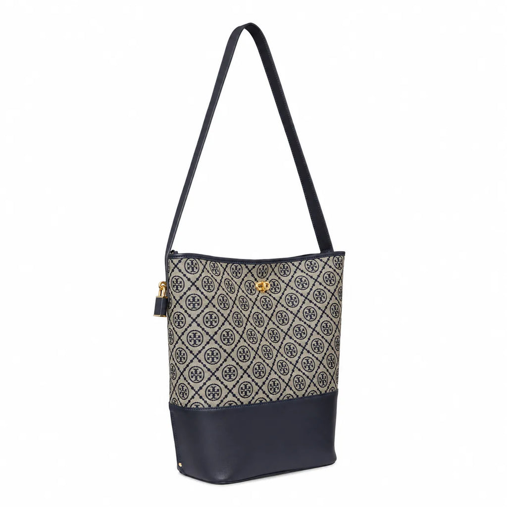Tory Burch T-Monogram Lock | Navy blue and beige Monogram print fabric leather trim adjustable shoulder strap women's designer handbag