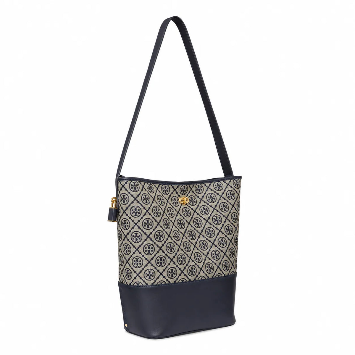 Tory Burch T-Monogram Lock | Navy blue and beige Monogram print fabric leather trim adjustable shoulder strap women's designer handbag