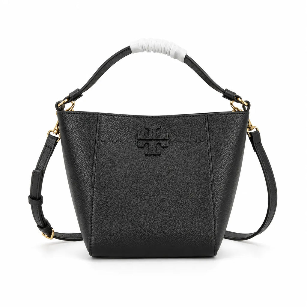 Tory Burch McGraw | Black pebbled leather with an adjustable shoulder strap and top handle offering multiple carrying options  women's designer handbag