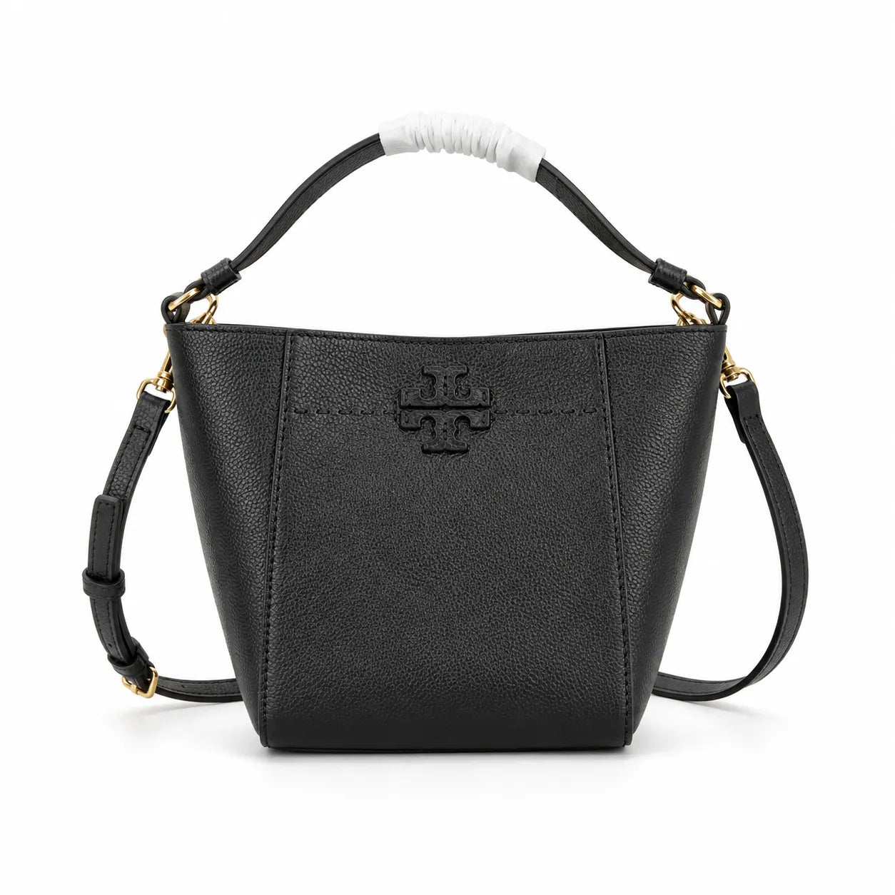 Tory Burch McGraw | Black pebbled leather with an adjustable shoulder strap and top handle offering multiple carrying options  women's designer handbag