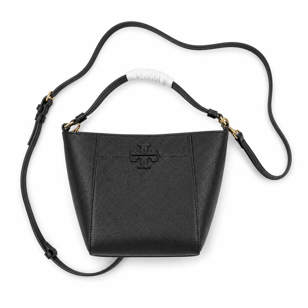 Tory Burch McGraw | Black pebbled leather with an adjustable shoulder strap and top handle offering multiple carrying options  women's designer handbag