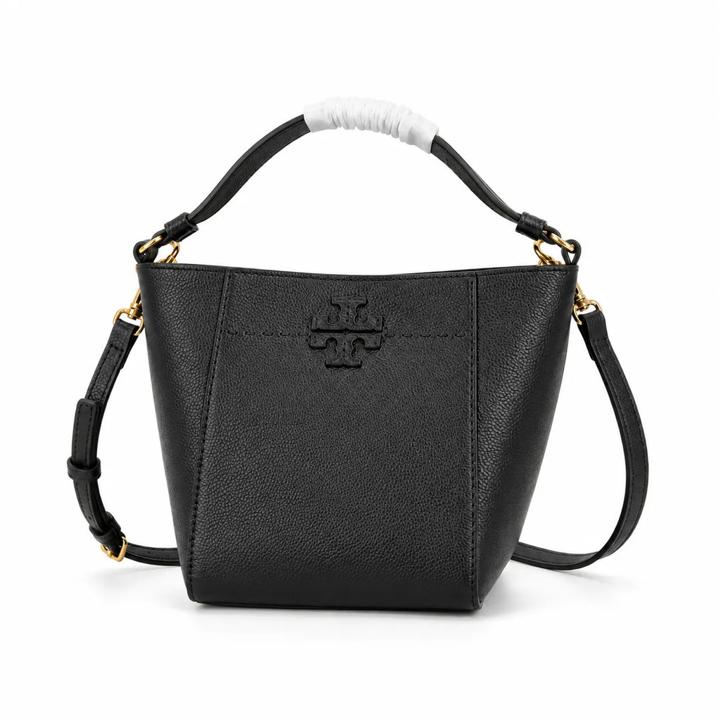 Tory Burch McGraw | Black pebbled leather with an adjustable shoulder strap and top handle offering multiple carrying options  women's designer handbag