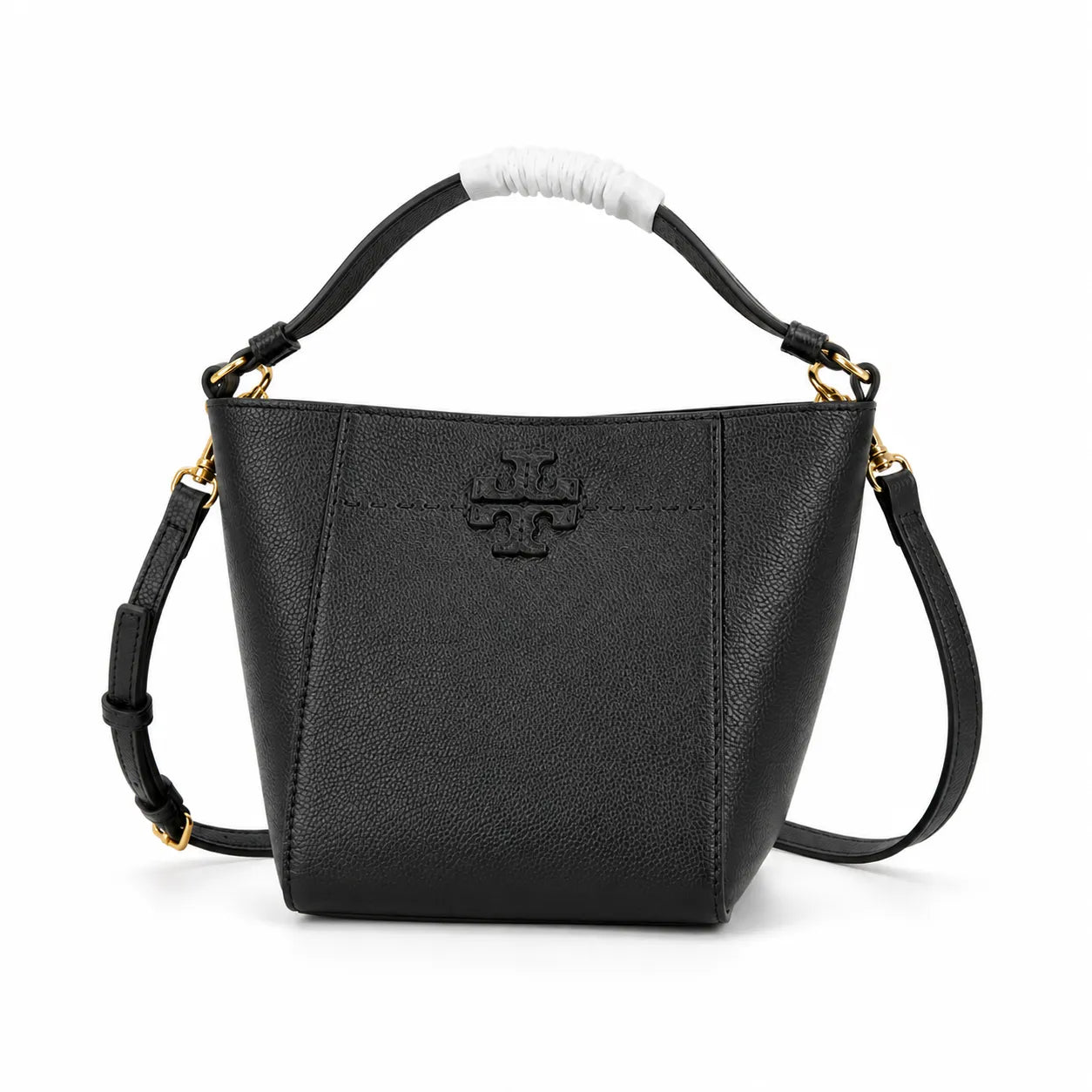 Tory Burch McGraw | Black pebbled leather with an adjustable shoulder strap and top handle offering multiple carrying options  women's designer handbag
