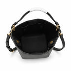 Tory Burch McGraw | Black pebbled leather with an adjustable shoulder strap and top handle offering multiple carrying options  women's designer handbag