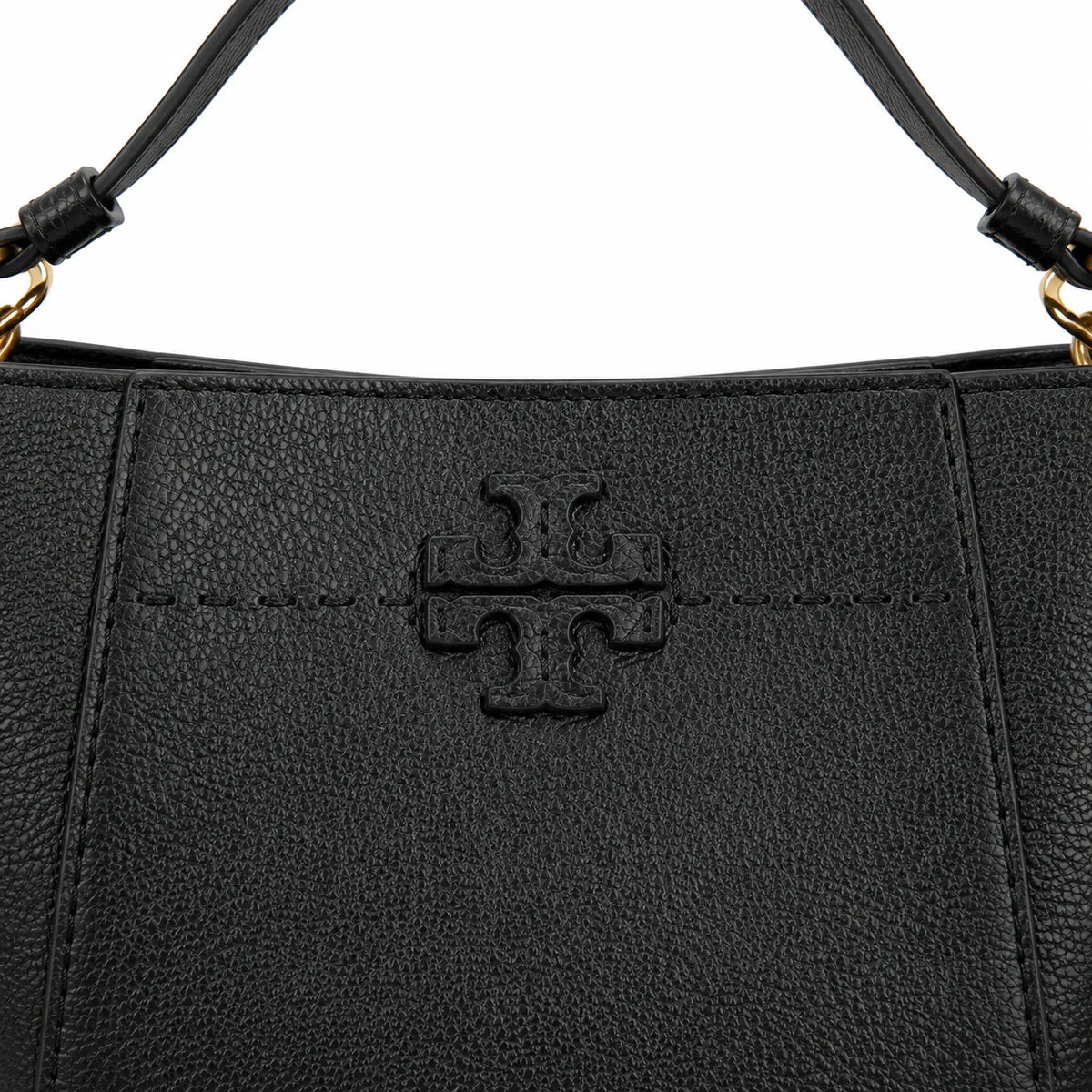 Tory Burch McGraw | Black pebbled leather with an adjustable shoulder strap and top handle offering multiple carrying options  women's designer handbag