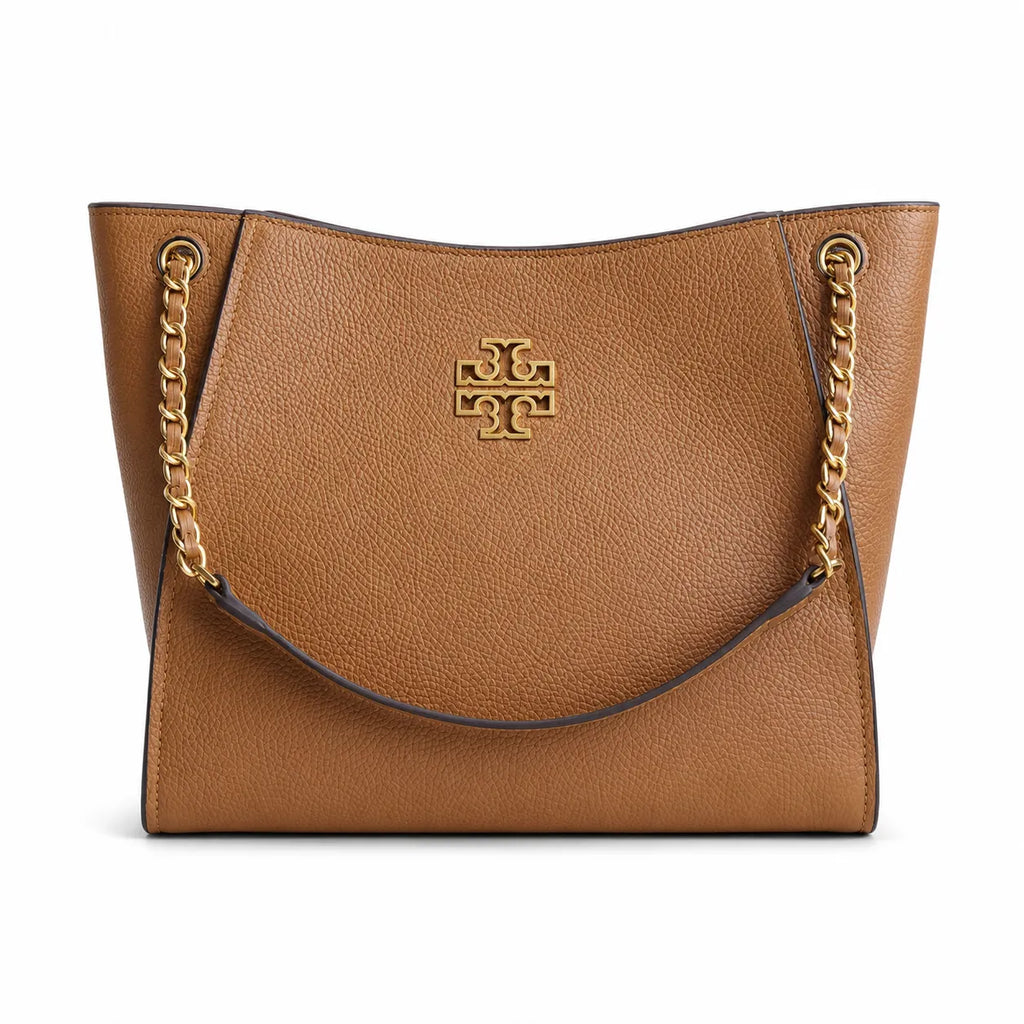 Tory Burch Britten brown pebbled leather detachable chain shoulder strap women's designer handbag