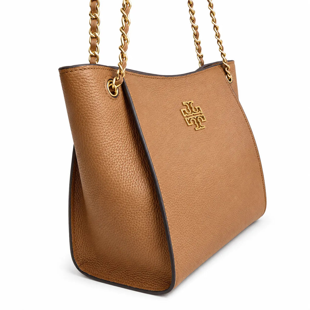 Tory Burch Britten brown pebbled leather detachable chain shoulder strap women's designer handbag