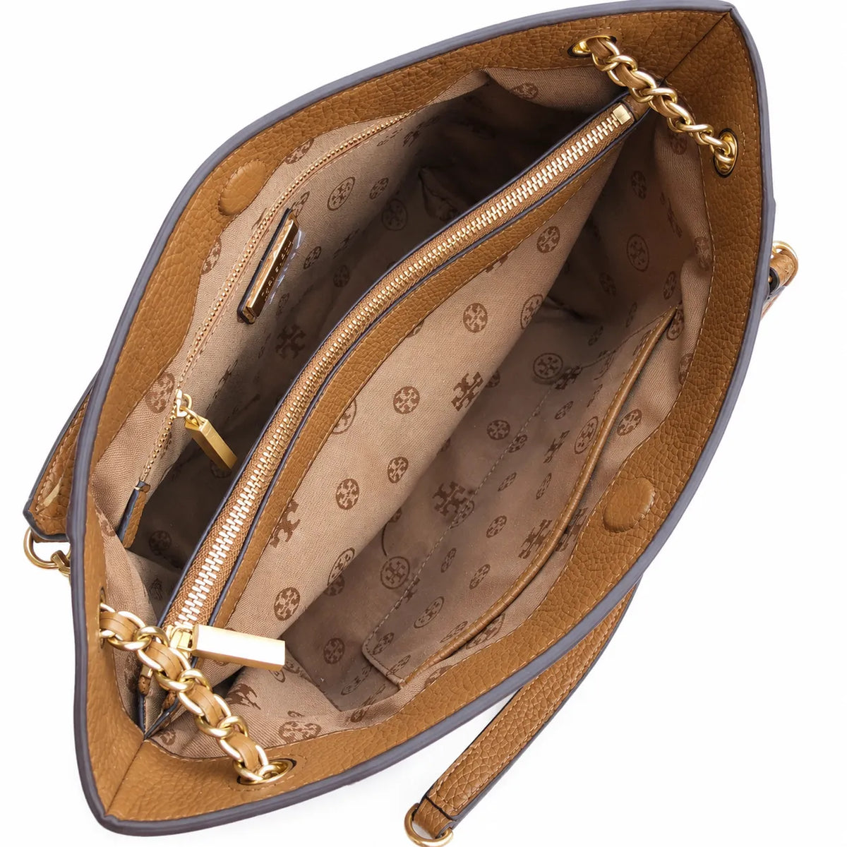 Tory Burch Britten brown pebbled leather detachable chain shoulder strap women's designer handbag