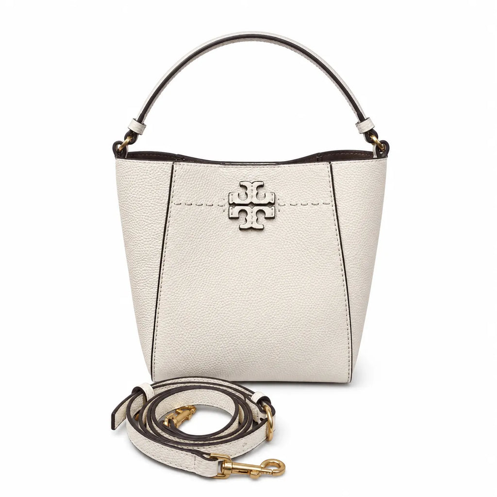Tory Burch McGraw off-white pebbled leather handbag with adjustable shoulder strap and top handle offering multiple carrying options A women's designer handbag