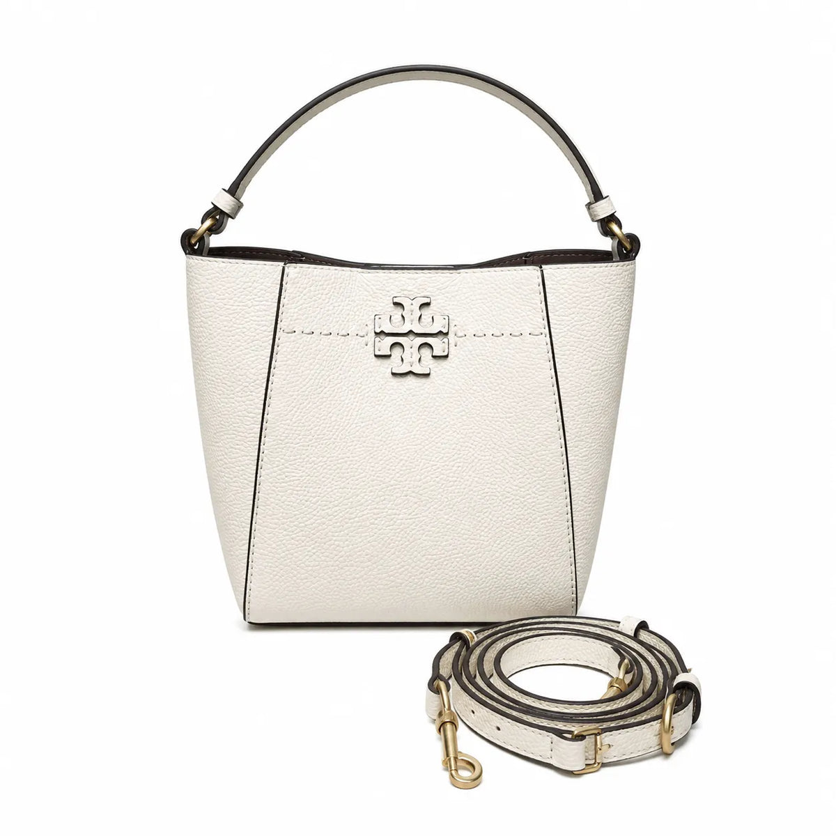 Tory Burch McGraw off-white pebbled leather handbag with adjustable shoulder strap and top handle offering multiple carrying options A women's designer handbag