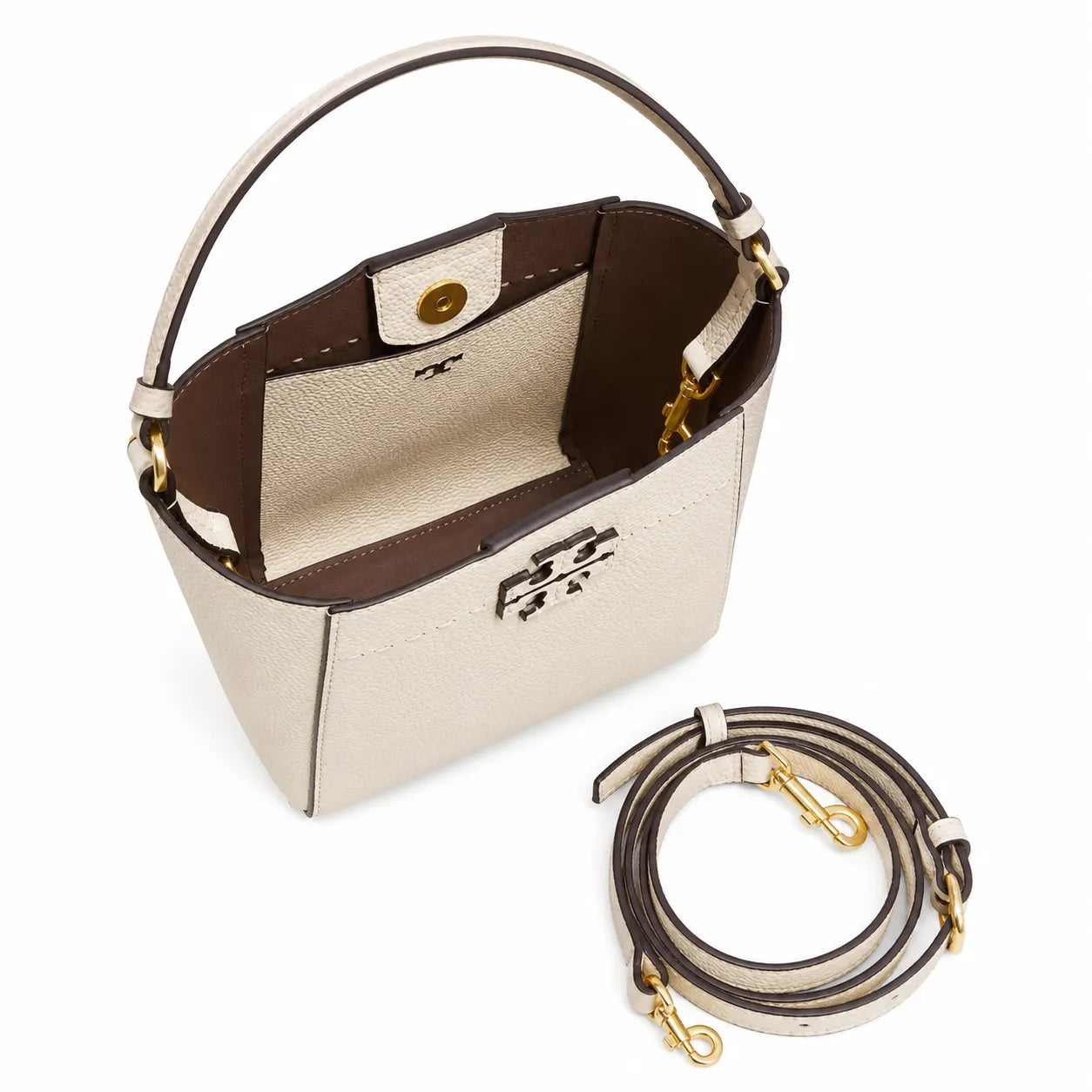 Tory Burch McGraw off-white pebbled leather handbag with adjustable shoulder strap and top handle offering multiple carrying options A women's designer handbag