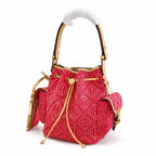 Tory Burch T Monogram red jacquard fabric adjustable shoulder strap and drawstring closure designer tote bag for women's casual and weekend outings