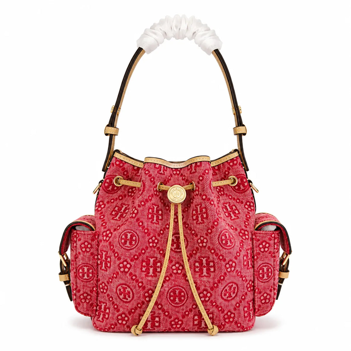 Tory Burch T Monogram red jacquard fabric adjustable shoulder strap and drawstring closure designer tote bag for women's casual and weekend outings