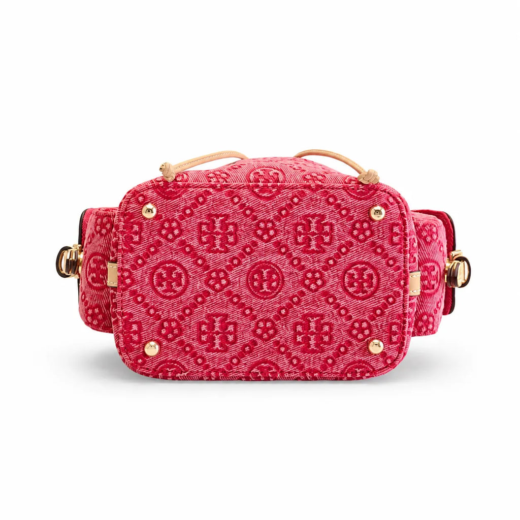 Tory Burch T Monogram red jacquard fabric adjustable shoulder strap and drawstring closure designer tote bag for women's casual and weekend outings