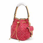 Tory Burch T Monogram red jacquard fabric adjustable shoulder strap and drawstring closure designer tote bag for women's casual and weekend outings