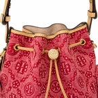 Tory Burch T Monogram red jacquard fabric adjustable shoulder strap and drawstring closure designer tote bag for women's casual and weekend outings