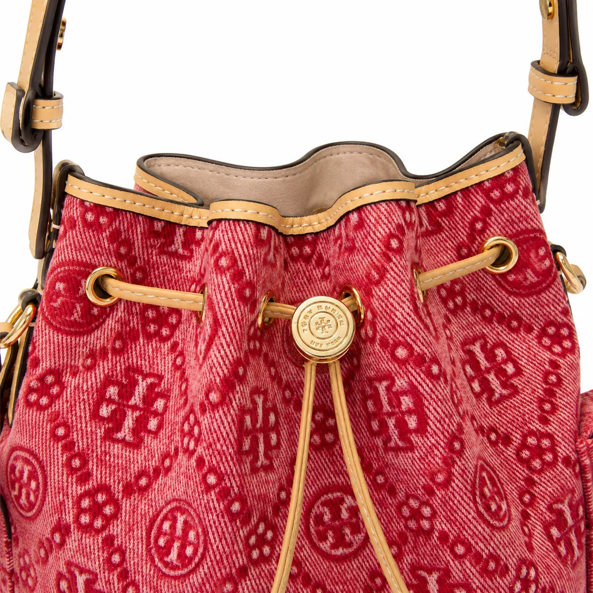 Tory Burch T Monogram red jacquard fabric adjustable shoulder strap and drawstring closure designer tote bag for women's casual and weekend outings