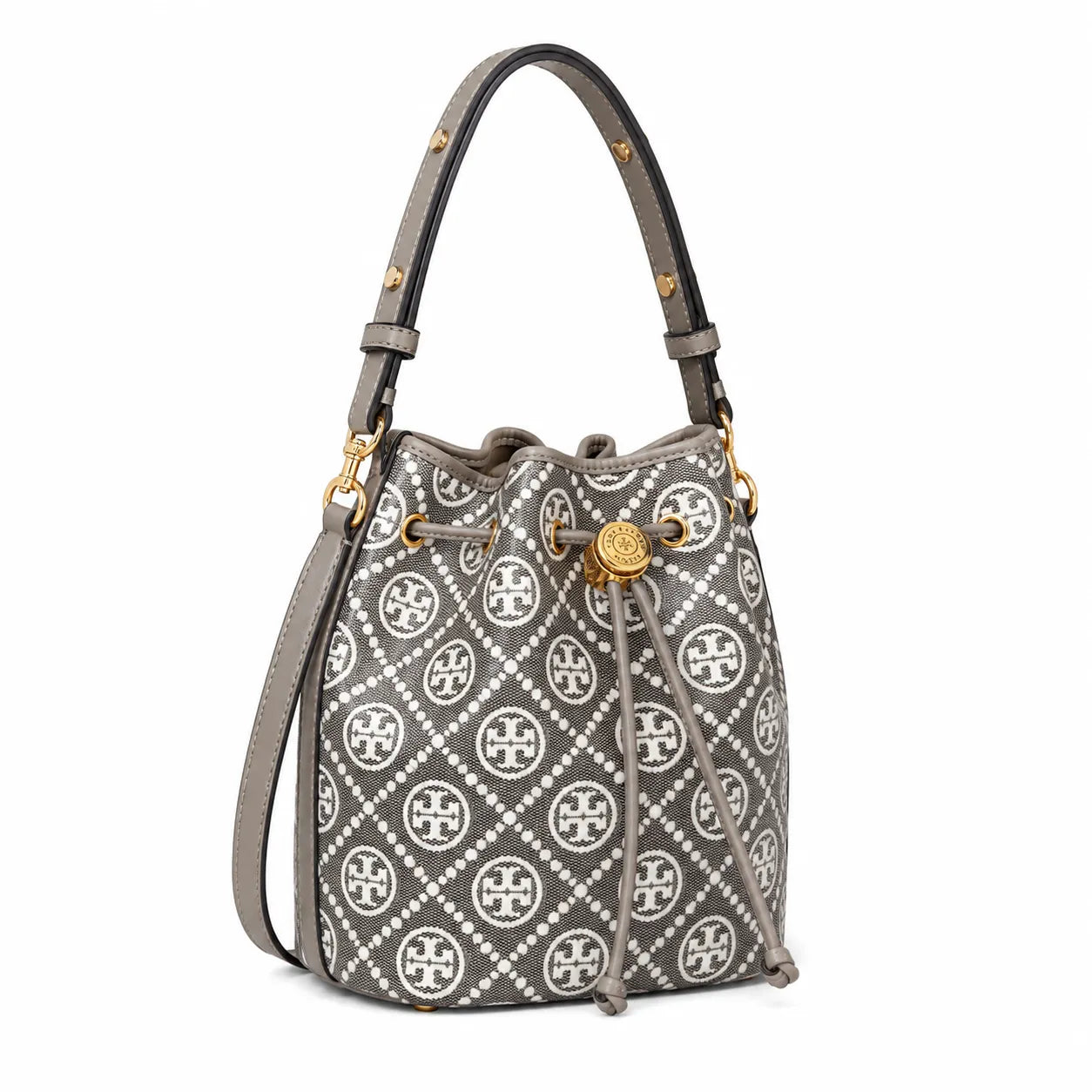 Tory Burch T Monogram bag in grey and white letter jacquard fabric with leather trim drawstring closure and versatile design perfect for commuting and travel