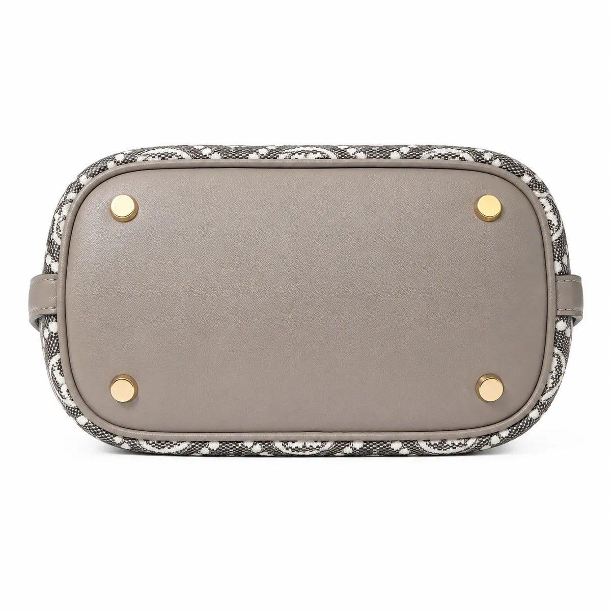 Tory Burch T Monogram bag in grey and white letter jacquard fabric with leather trim drawstring closure and versatile design perfect for commuting and travel
