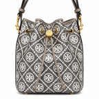 Tory Burch T Monogram bag in grey and white letter jacquard fabric with leather trim drawstring closure and versatile design perfect for commuting and travel