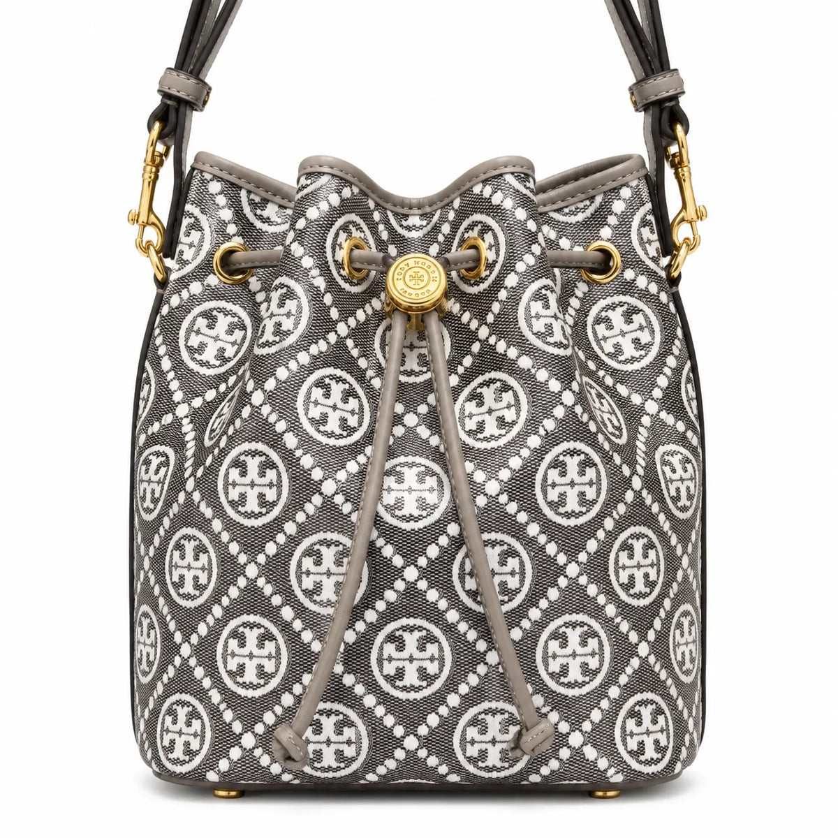 Tory Burch T Monogram bag in grey and white letter jacquard fabric with leather trim drawstring closure and versatile design perfect for commuting and travel