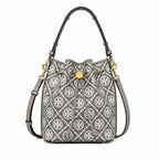 Tory Burch T Monogram bag in grey and white letter jacquard fabric with leather trim drawstring closure and versatile design perfect for commuting and travel