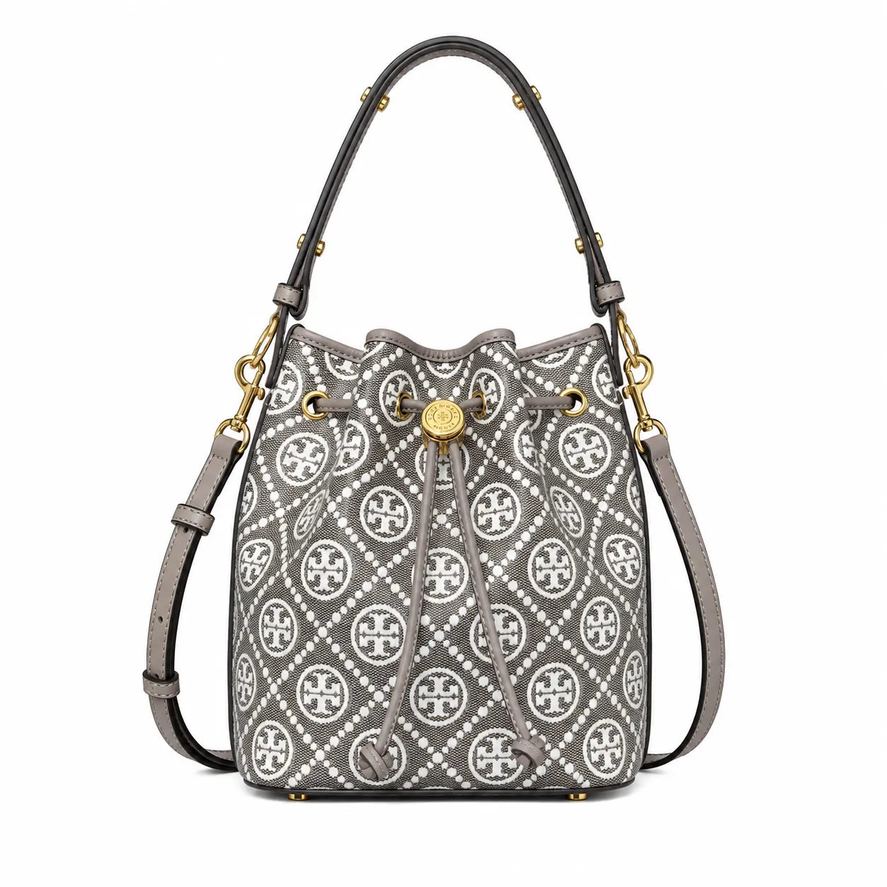 Tory Burch T Monogram bag in grey and white letter jacquard fabric with leather trim drawstring closure and versatile design perfect for commuting and travel