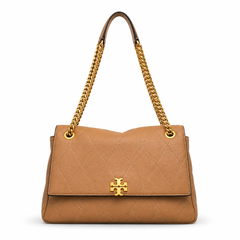 Tory Burch Kira brown pebbled leather handbag with chain and leather shoulder strap designed for women