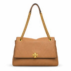Tory Burch Kira brown pebbled leather handbag with chain and leather shoulder strap designed for women