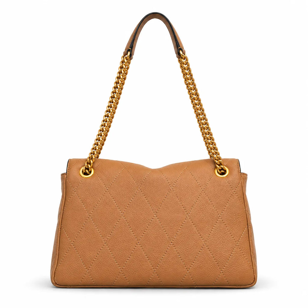 Tory Burch Kira brown pebbled leather handbag with chain and leather shoulder strap designed for women